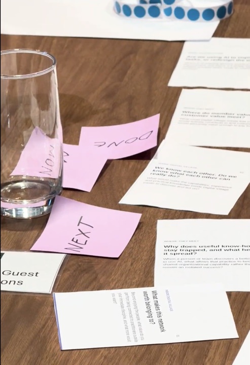 Printed discussion prompts and pink sticky notes labelled Now, Next and Done on a table.